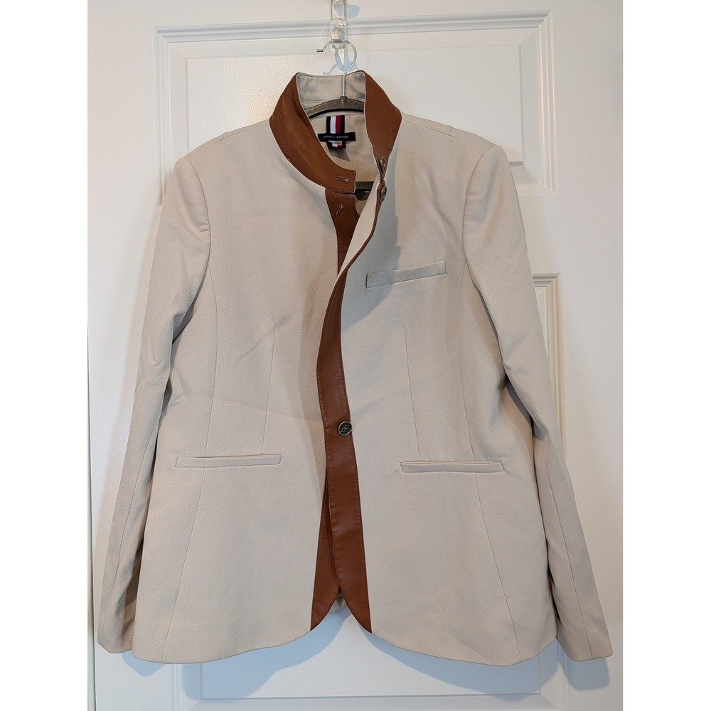 Tommy Hilfiger Beige Faux Leather Trim Stand Collar Blazer Jacket